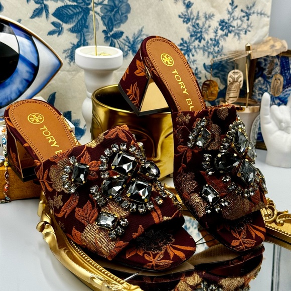 🆕 TORY BURCH 🧿NWOT Martine Jacquard Mid-Heel Slide, Burgundy Black Diamond Sz7 - Picture 12 of 16